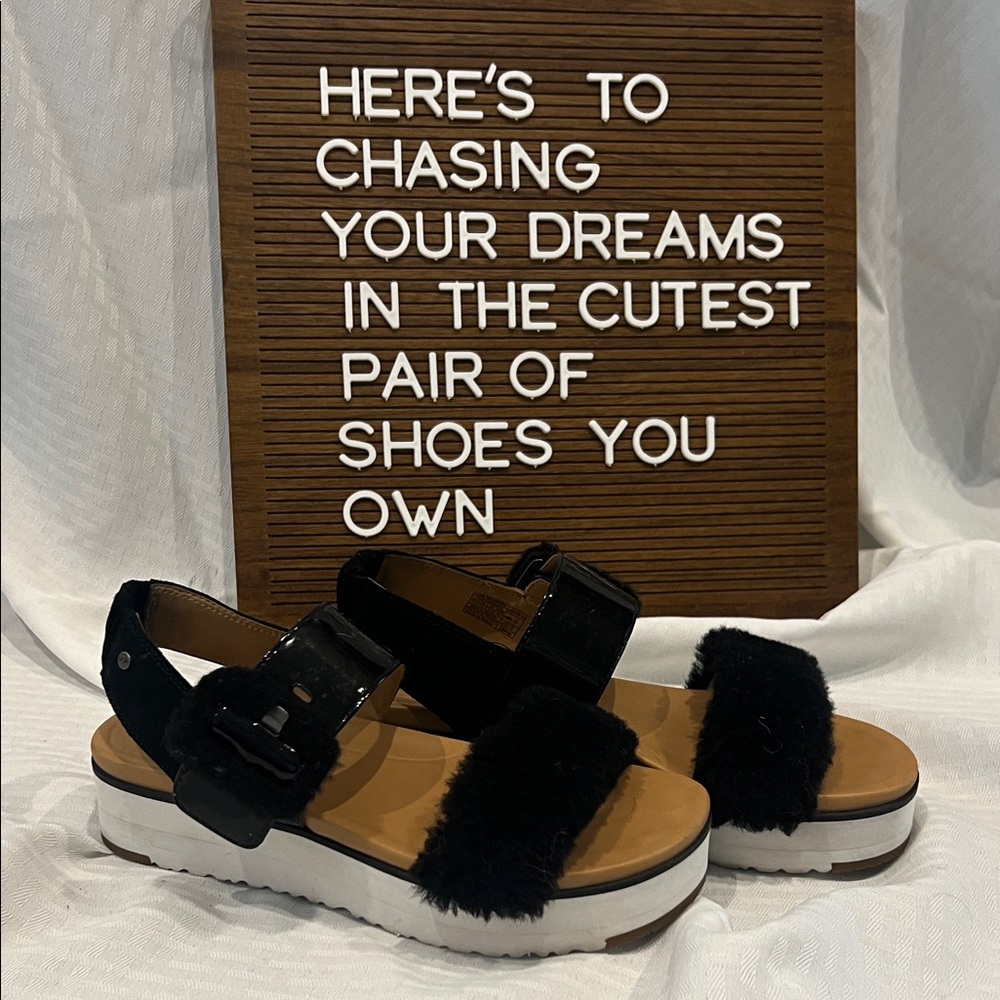UGG Black Fuzzy and Tan Sandals
